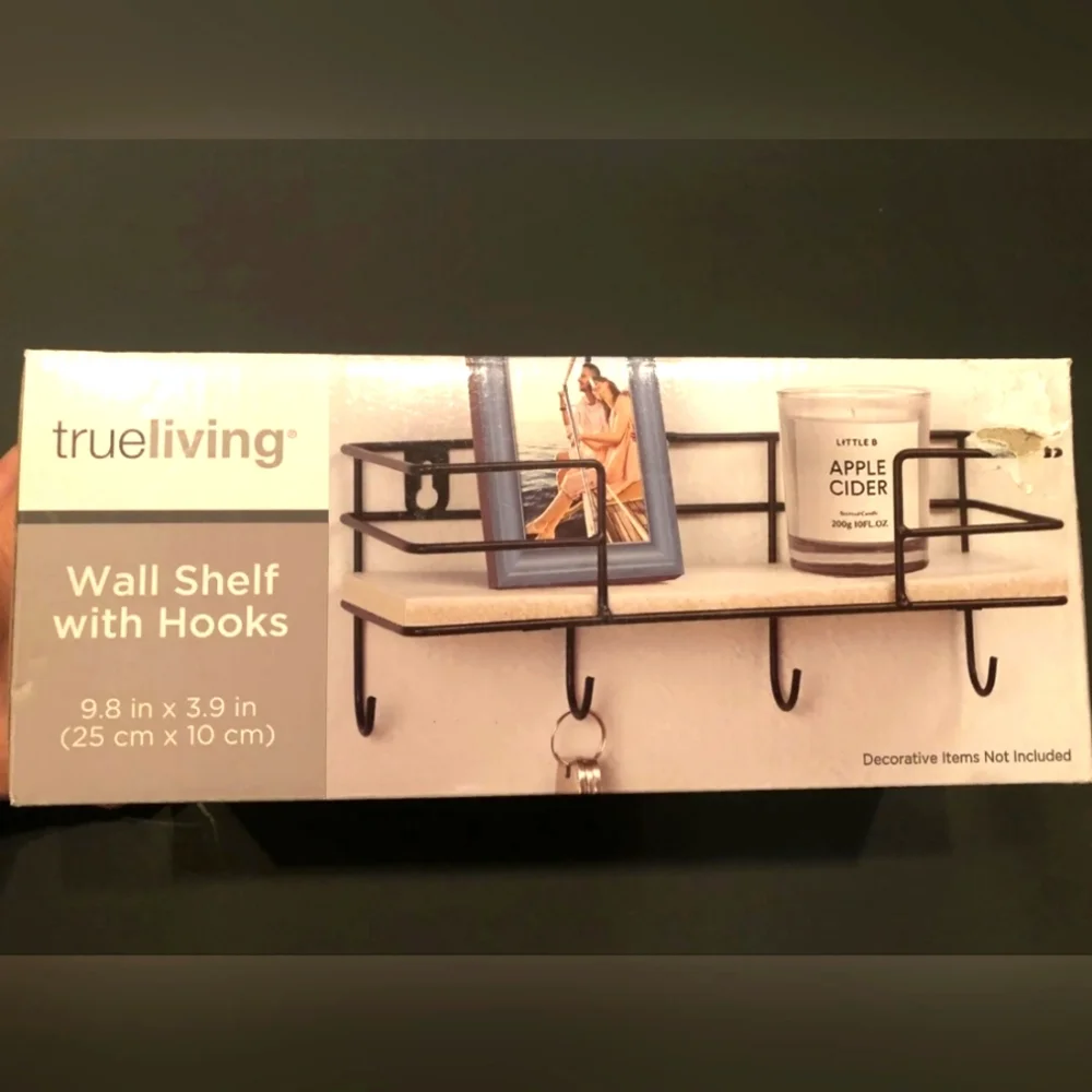 True Living 9” Metal Wall Shelf with 4 Hooks & Rail (9.8”x 3.9”) NEW